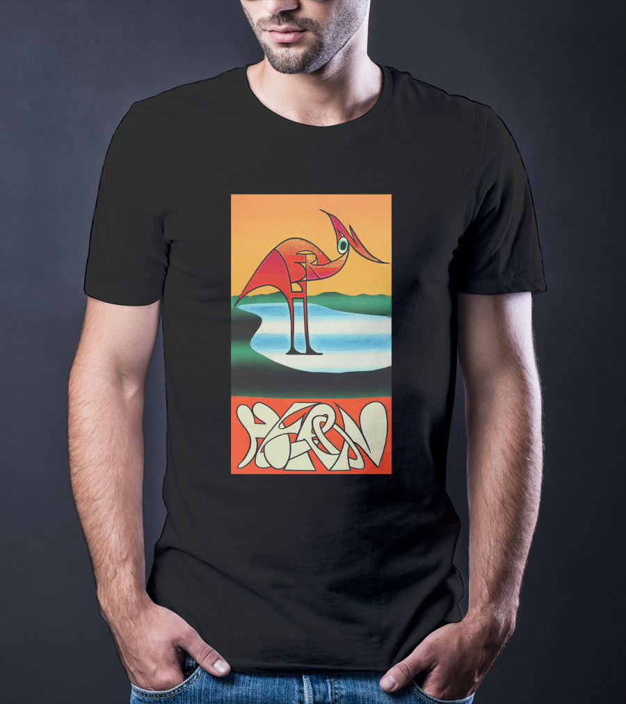 Heron Preston Abstract Bold Graphic Stork Art Orange Teal Lake T-Shirt