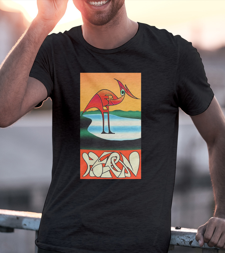 Heron Preston Abstract Bold Graphic Stork Art Orange Teal Lake T-Shirt
