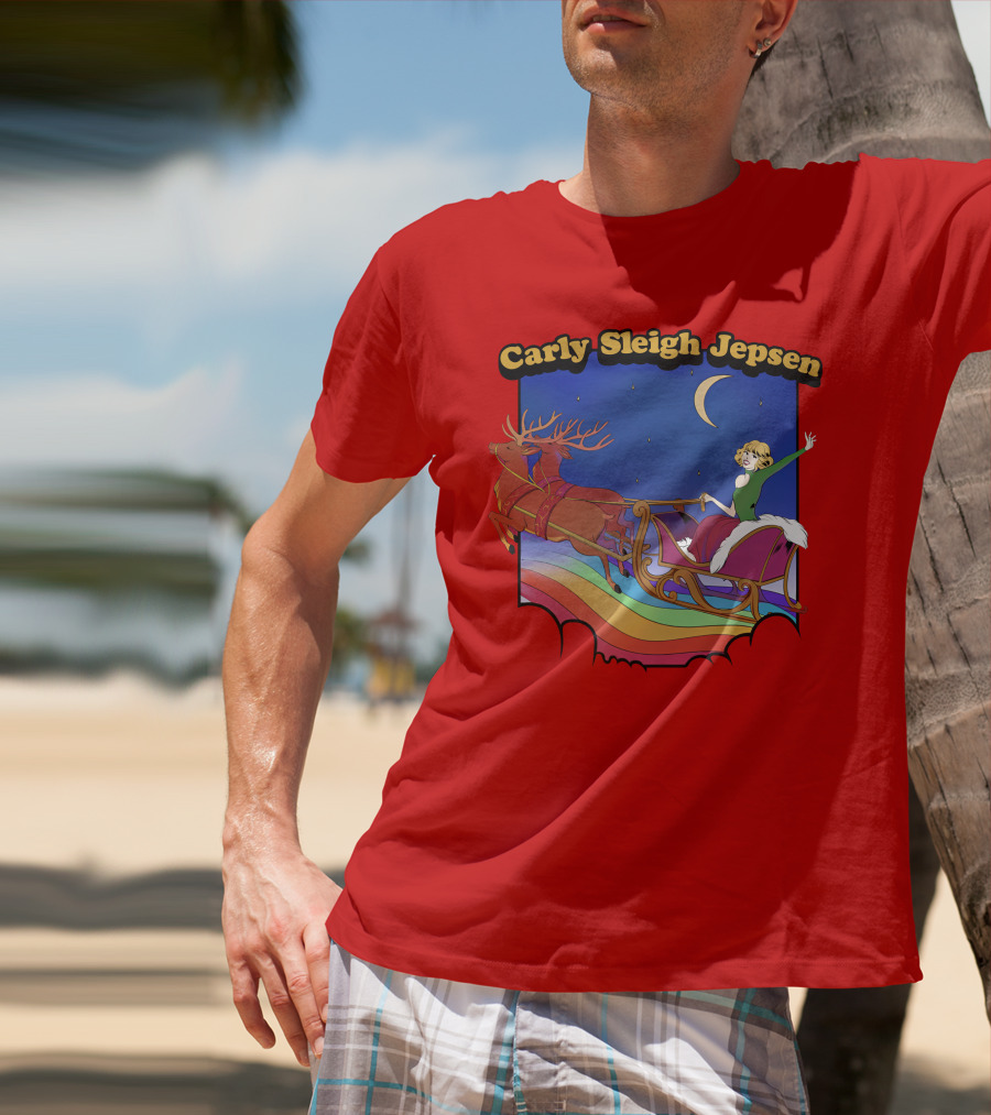 Carly Sleigh Jepsen Christmas Reindeer Sleigh Adventure Under Moonlit Sky T-Shirt