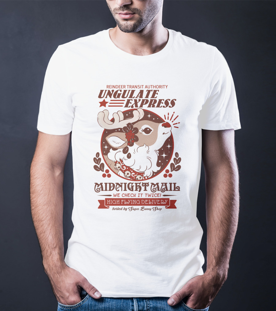 Reindeer Transit Authority Ungulate Express Midnight Mail High Flying Delivery T-Shirt