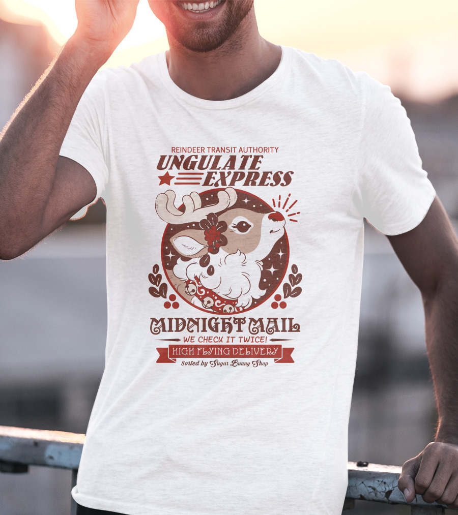 Reindeer Transit Authority Ungulate Express Midnight Mail High Flying Delivery T-Shirt