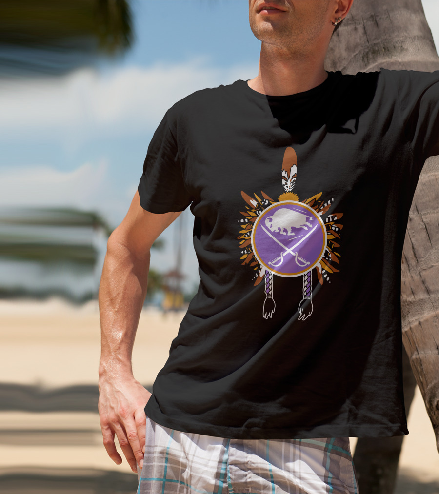 Buffalo Sabres Native American Feathered Symbol With Purple Circle And Crossing Sticks T-Shirt