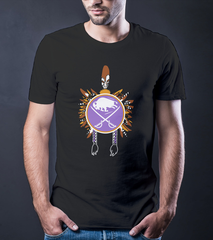 Buffalo Sabres Native American Feathered Symbol With Purple Circle And Crossing Sticks T-Shirt