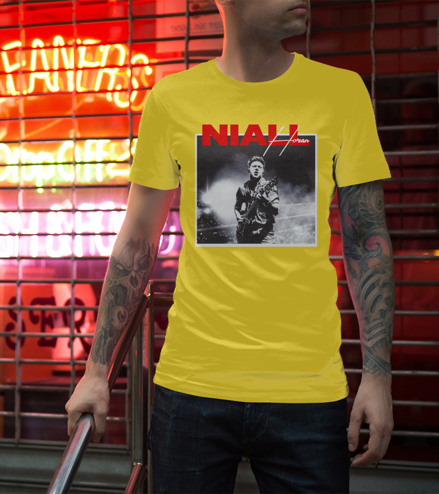 Niall Horan Live Performance Black And White Stage Photo With Red Name Highlight T-Shirt