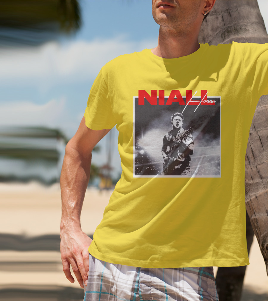 Niall Horan Live Performance Black And White Stage Photo With Red Name Highlight T-Shirt