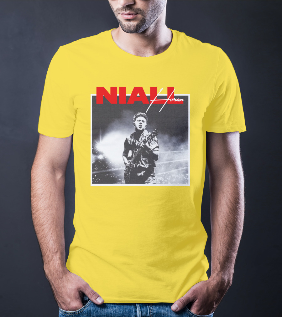 Niall Horan Live Performance Black And White Stage Photo With Red Name Highlight T-Shirt