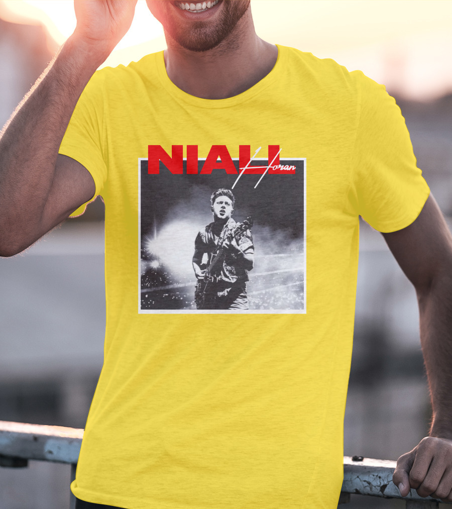 Niall Horan Live Performance Black And White Stage Photo With Red Name Highlight T-Shirt