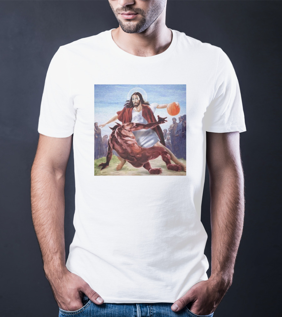 Jesus Dribbling Basketball Past Demon With Onlookers T-Shirt