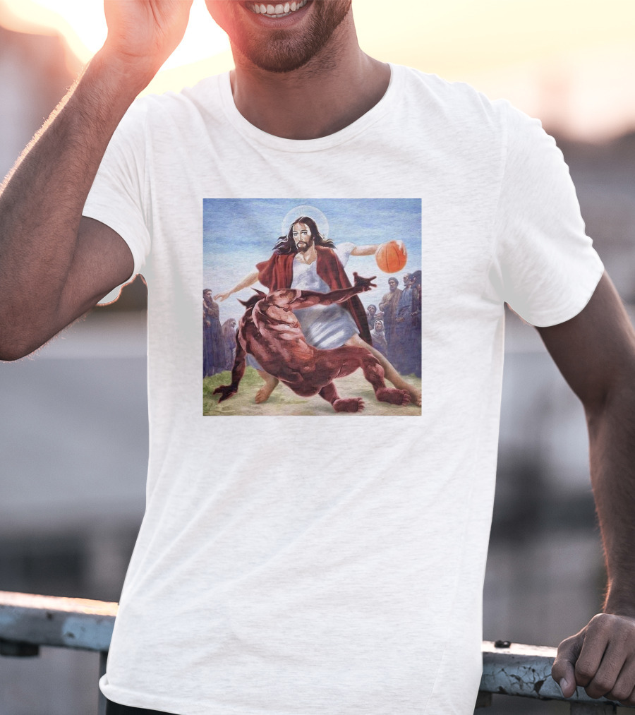 Jesus Dribbling Basketball Past Demon With Onlookers T-Shirt