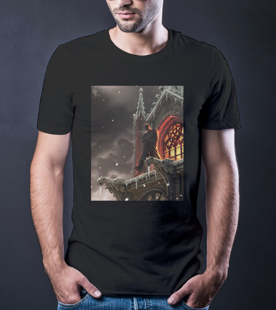 A Knight In The Frost Gothic Cathedral Snowfall Scene T-Shirt