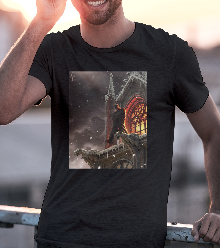 A Knight In The Frost Gothic Cathedral Snowfall Scene T-Shirt