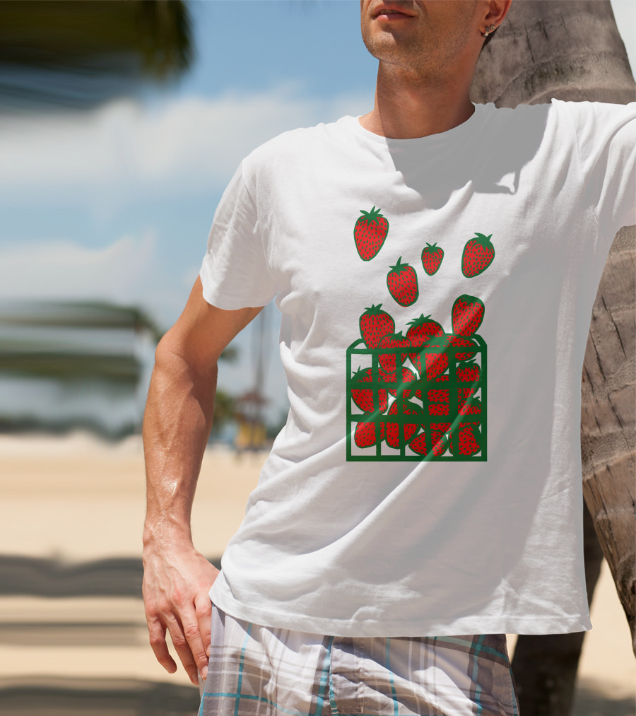 Strawberry Basket With Falling Strawberries Screen Print T-Shirt