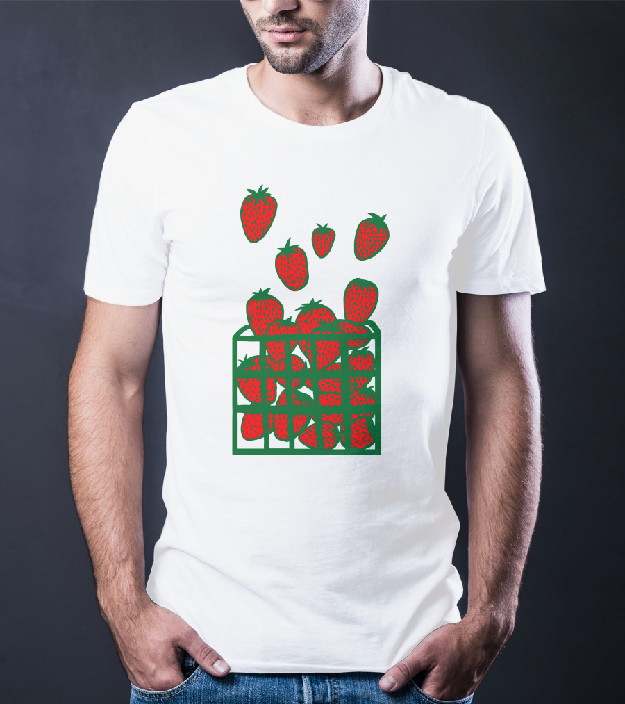 Strawberry Basket With Falling Strawberries Screen Print T-Shirt