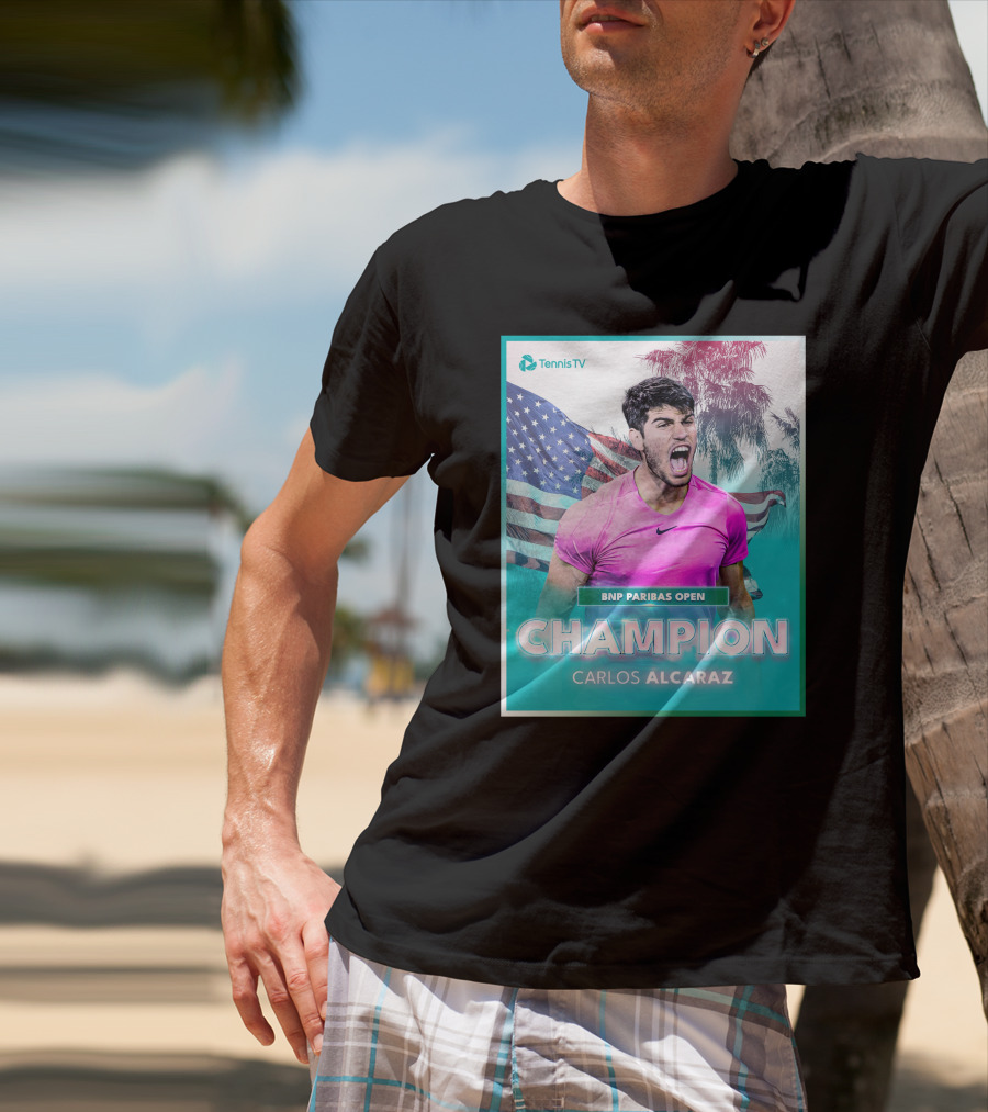 TennisTV BNP Paribas Open Champion Carlos Alcaraz American Flag Background T-Shirt