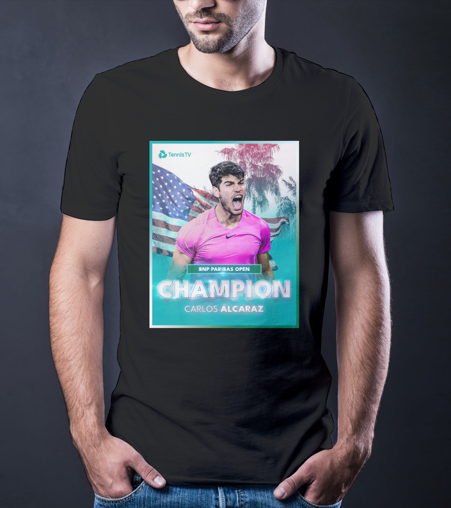 TennisTV BNP Paribas Open Champion Carlos Alcaraz American Flag Background T-Shirt