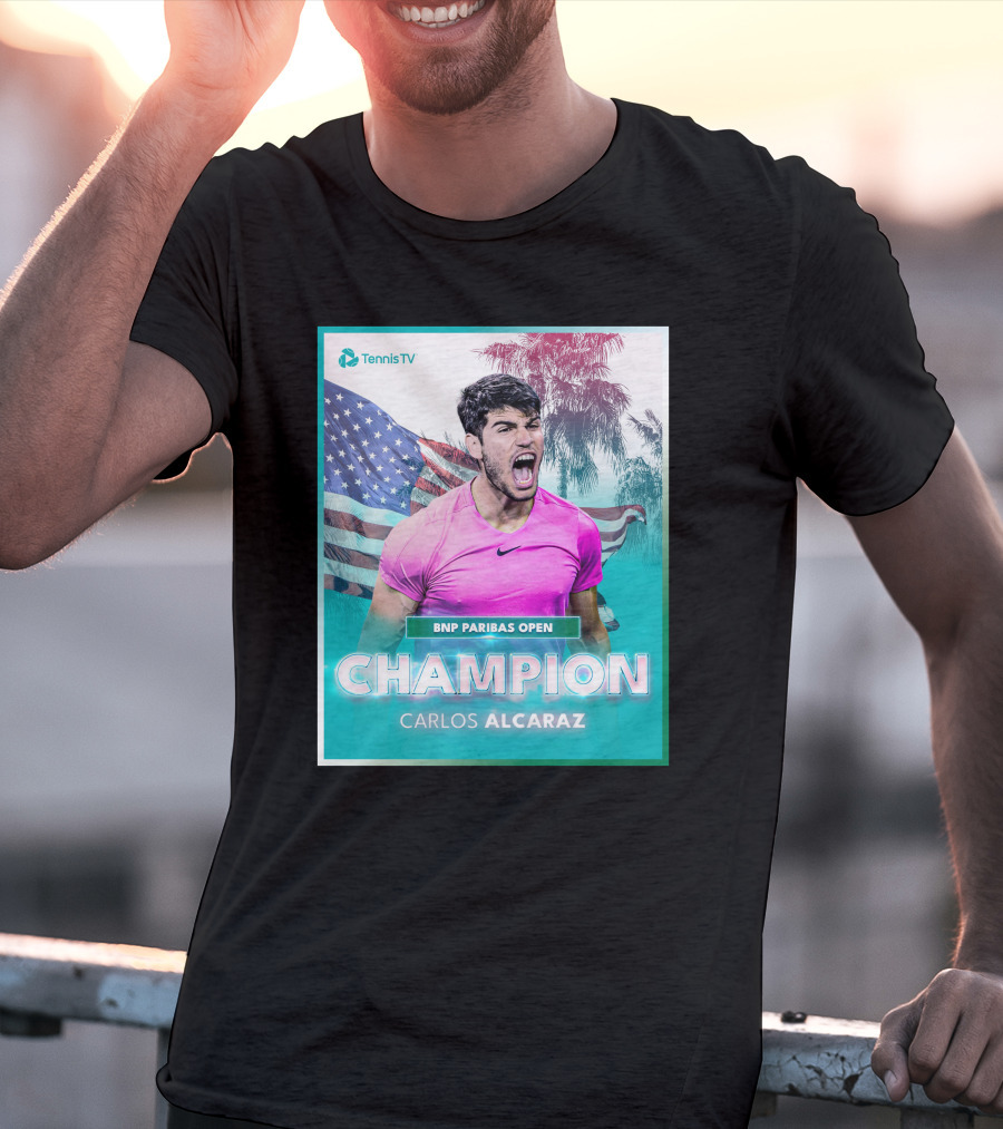 TennisTV BNP Paribas Open Champion Carlos Alcaraz American Flag Background T-Shirt
