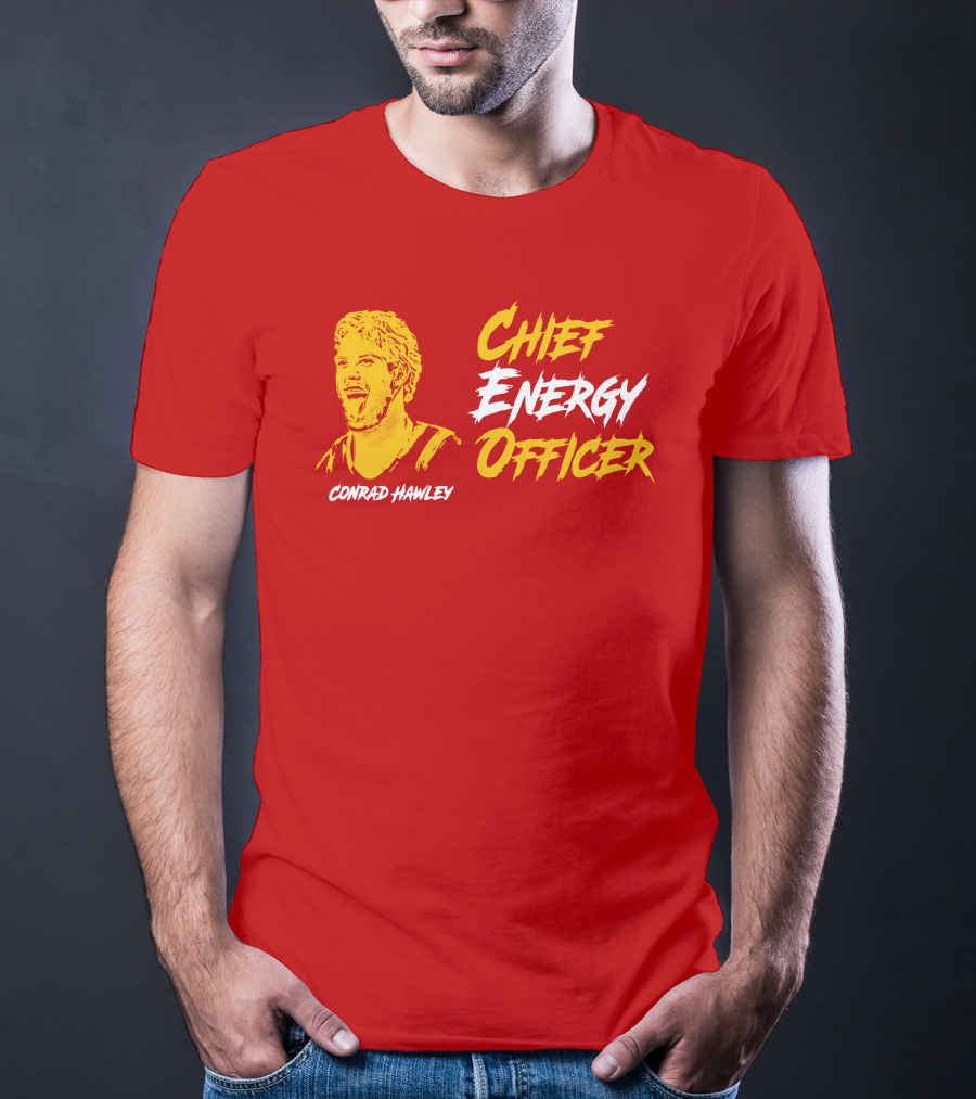 Conrad Hawley Chief Energy Officer Enthusiastic Portrait In Bold Yellow And White Text T-Shirt