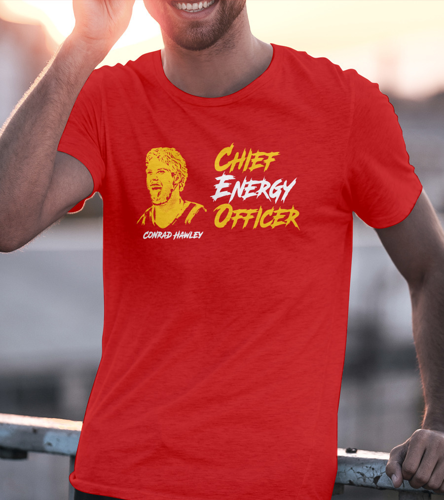Conrad Hawley Chief Energy Officer Enthusiastic Portrait In Bold Yellow And White Text T-Shirt