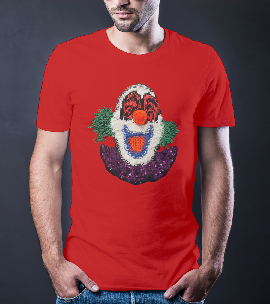Sequin-Embellished Intarsia Wool Clown Face With Green Hair And Purple Collar T-Shirt