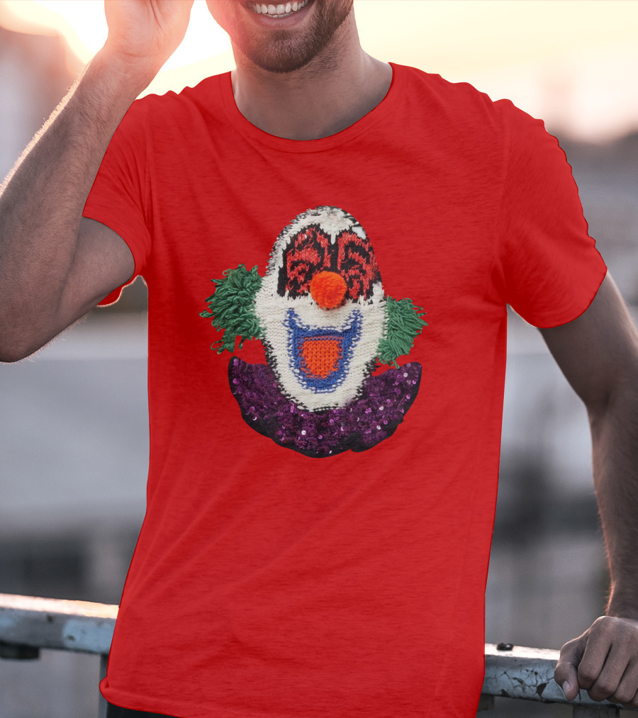Sequin-Embellished Intarsia Wool Clown Face With Green Hair And Purple Collar T-Shirt