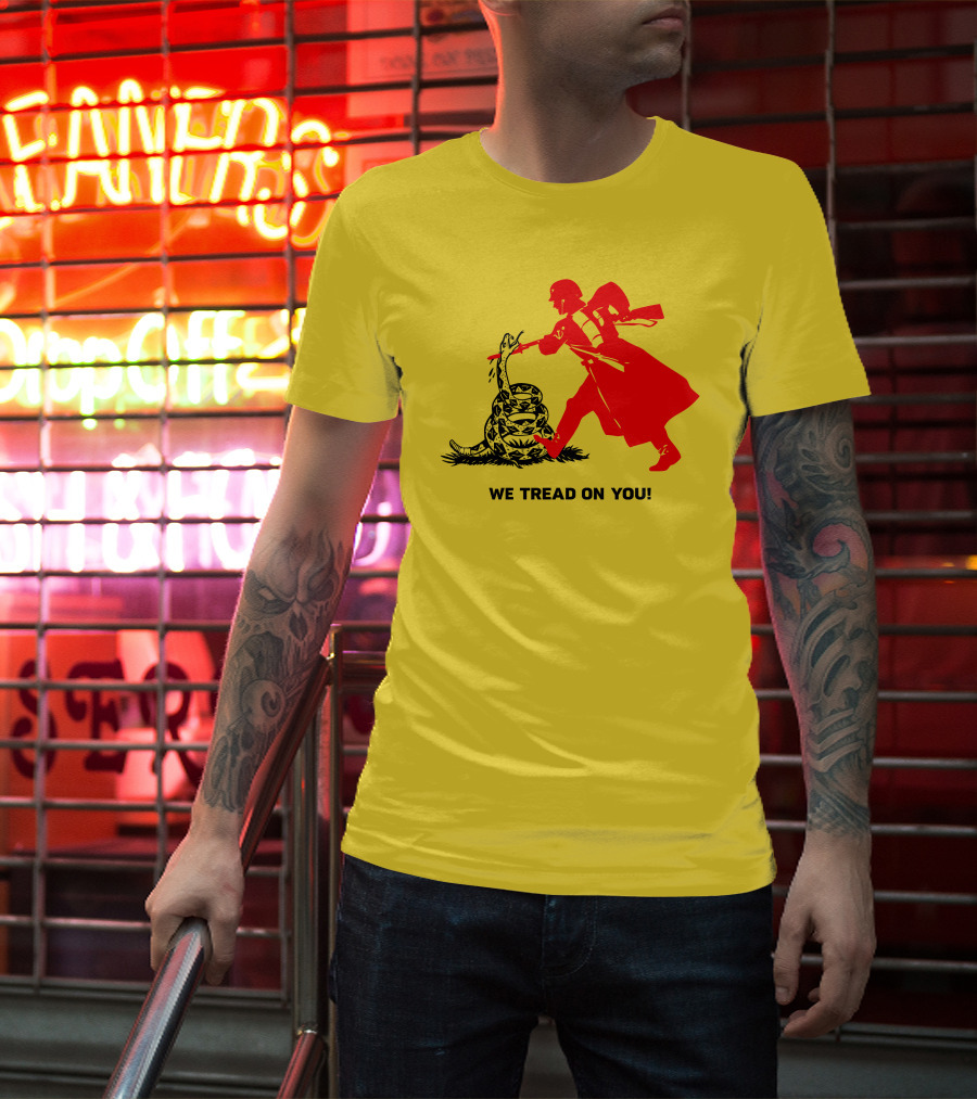 We Tread On You Revolutionary Soldier And Snake Yellow Background T-Shirt