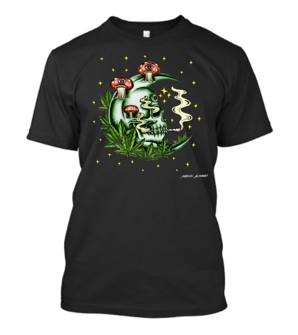 Marcos Alvarado Smoking Moon Skull With Mushroom Eyes And Cannabis Leaves T-Shirt