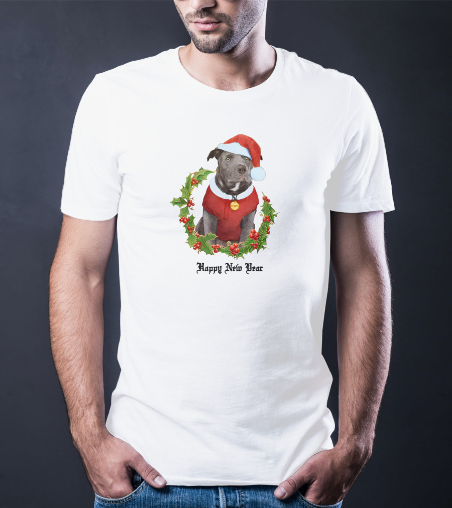 Billie Eilish Store Happy New Year Dog In Santa Hat And Holly Wreath T-Shirt