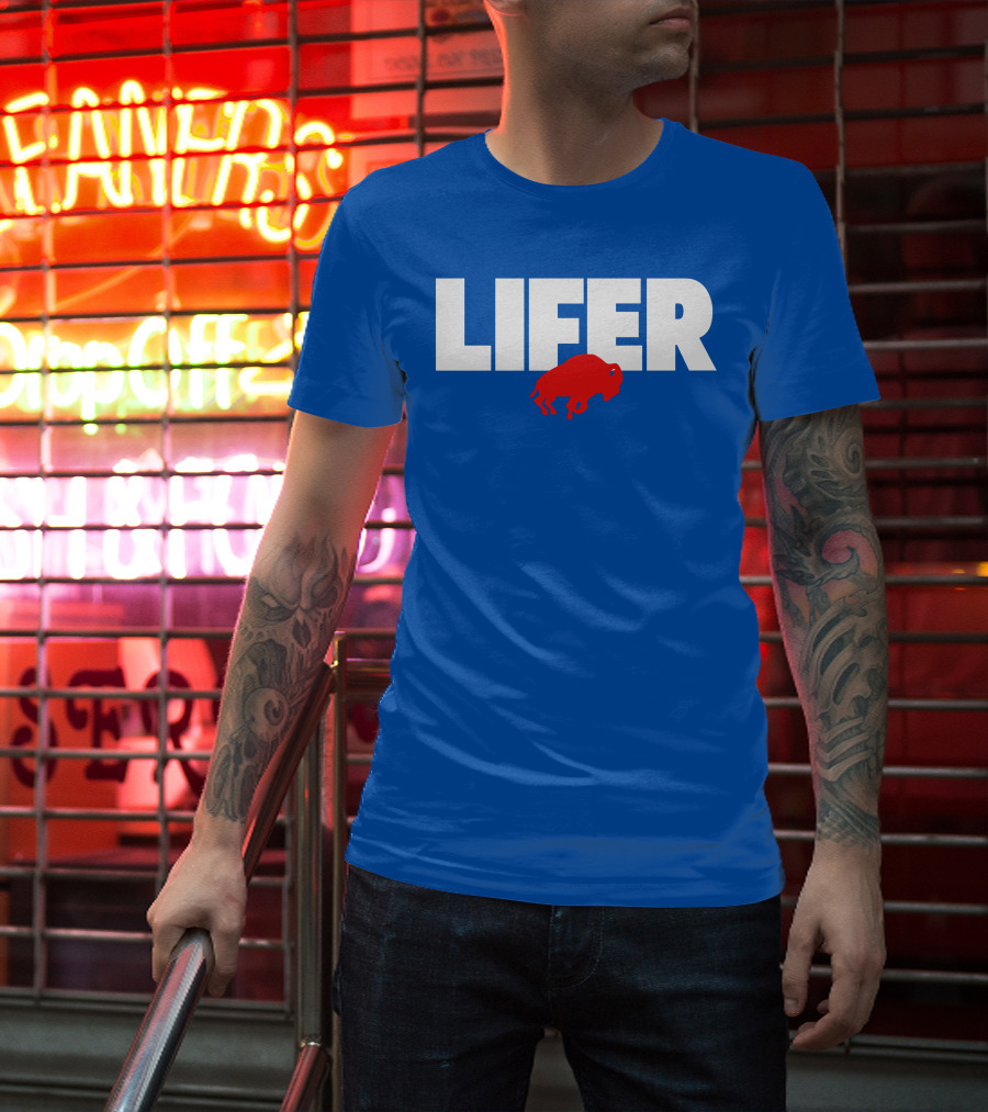 Lifer Buffalo Silhouette Blue Background T-Shirt