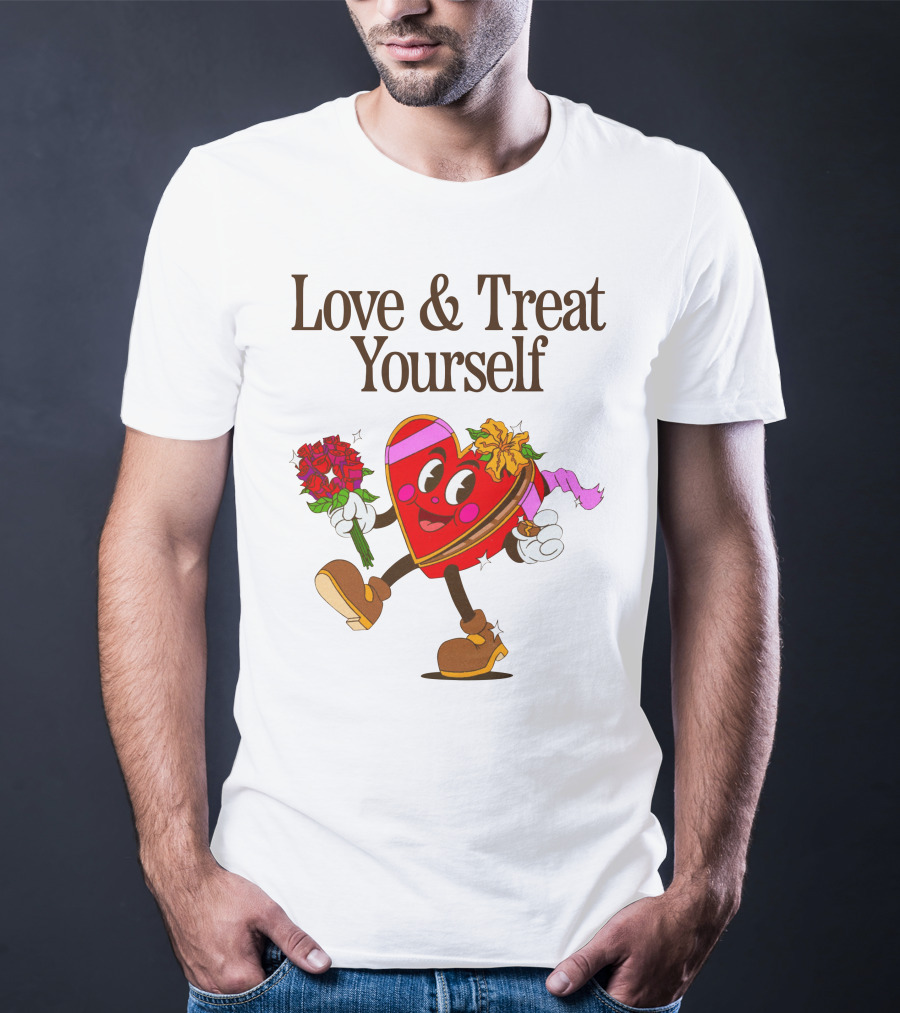 Love And Treat Yourself Heart Character With Flowers And Bow Tie T-Shirt
