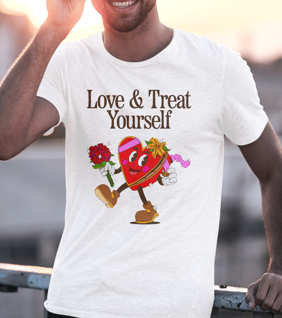 Love And Treat Yourself Heart Character With Flowers And Bow Tie T-Shirt