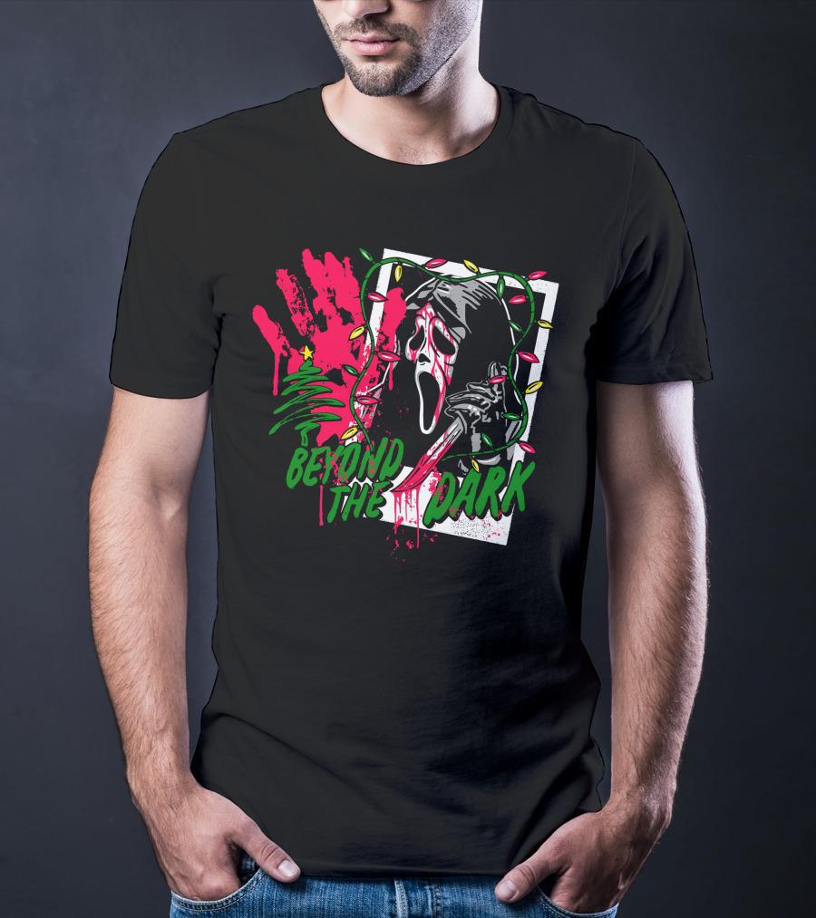 Beyond The Dark Ghost Face Christmas Lights And Bloody Handprint T-Shirt