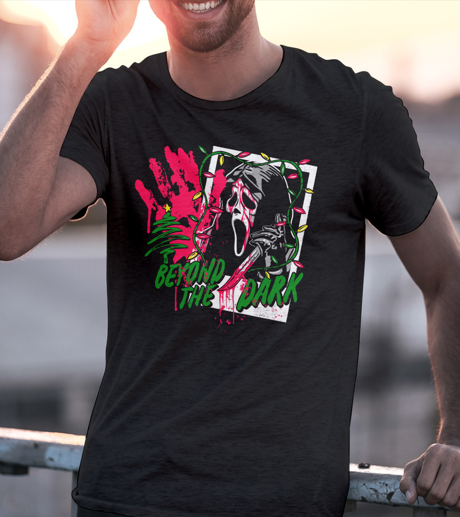 Beyond The Dark Ghost Face Christmas Lights And Bloody Handprint T-Shirt