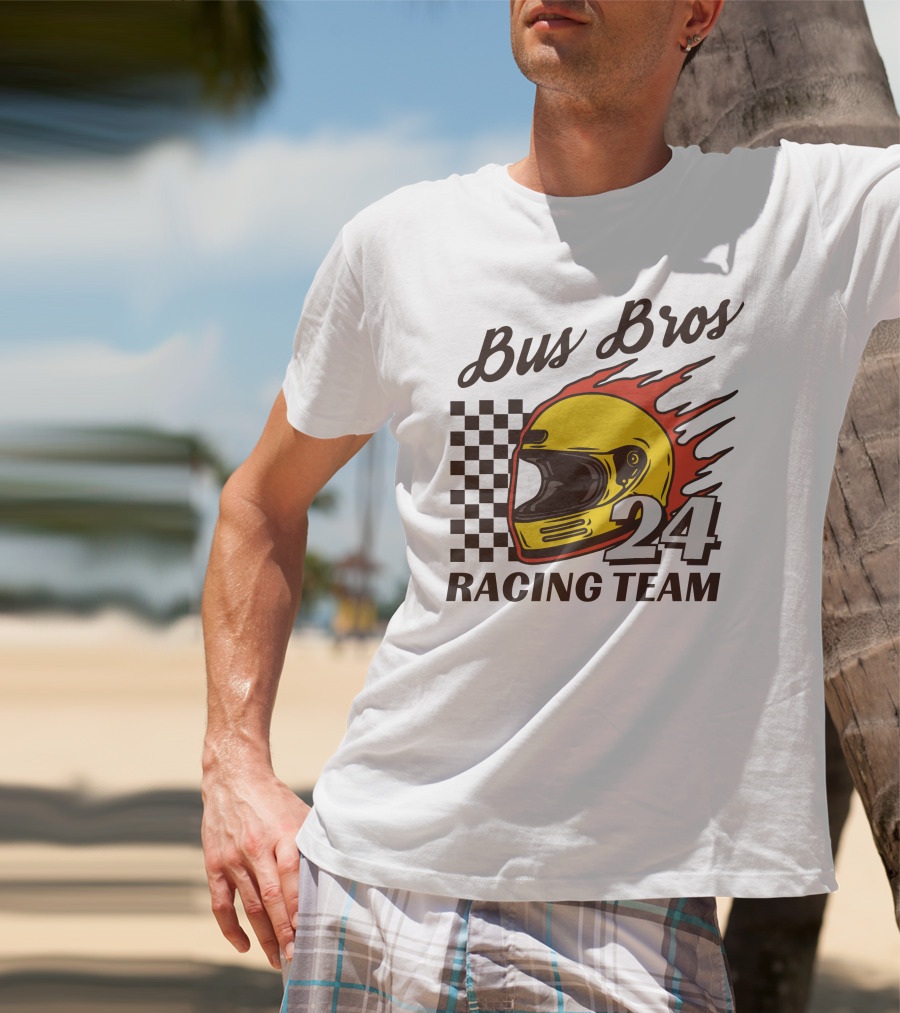 Bus Bros 24 Racing Team Helmet Flames Checkered Flag T-Shirt
