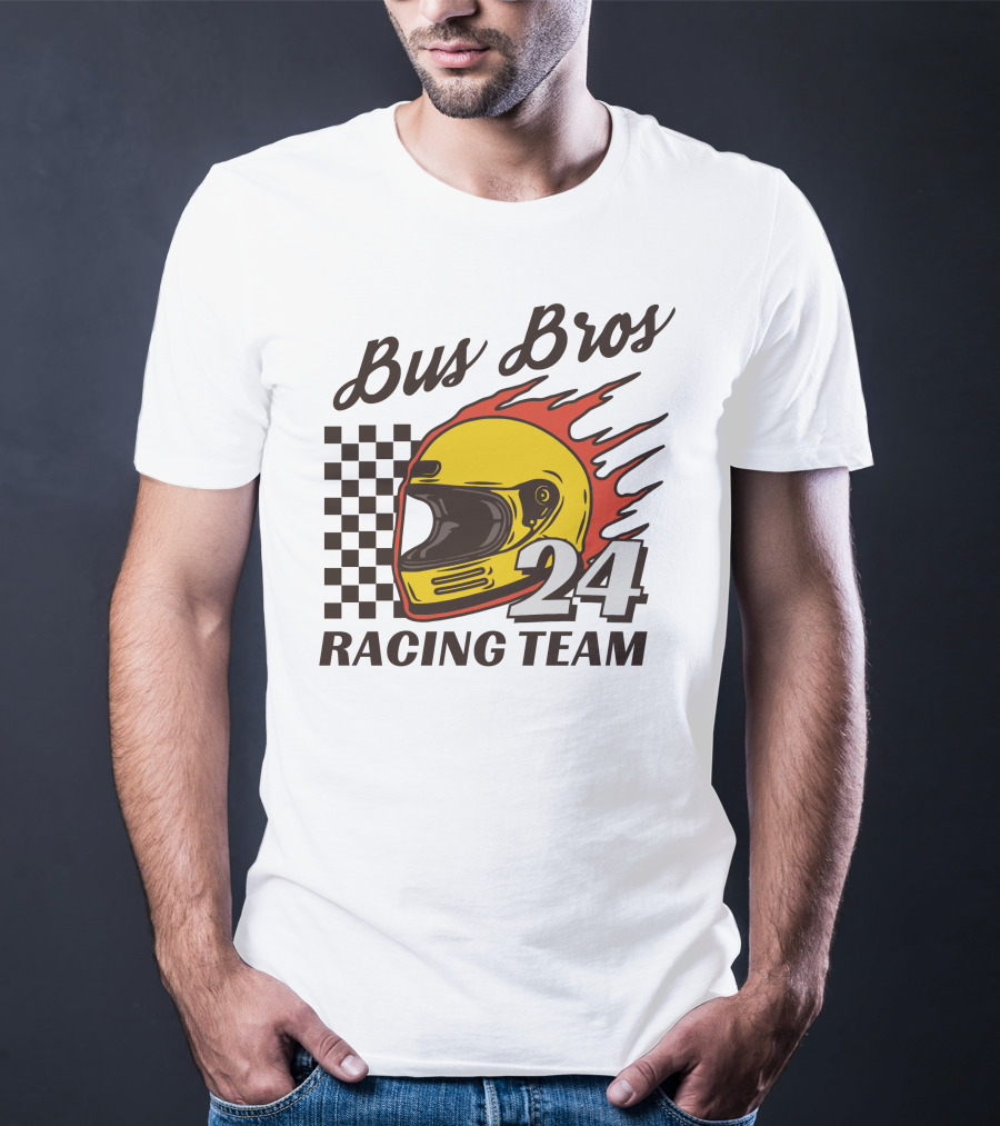 Bus Bros 24 Racing Team Helmet Flames Checkered Flag T-Shirt