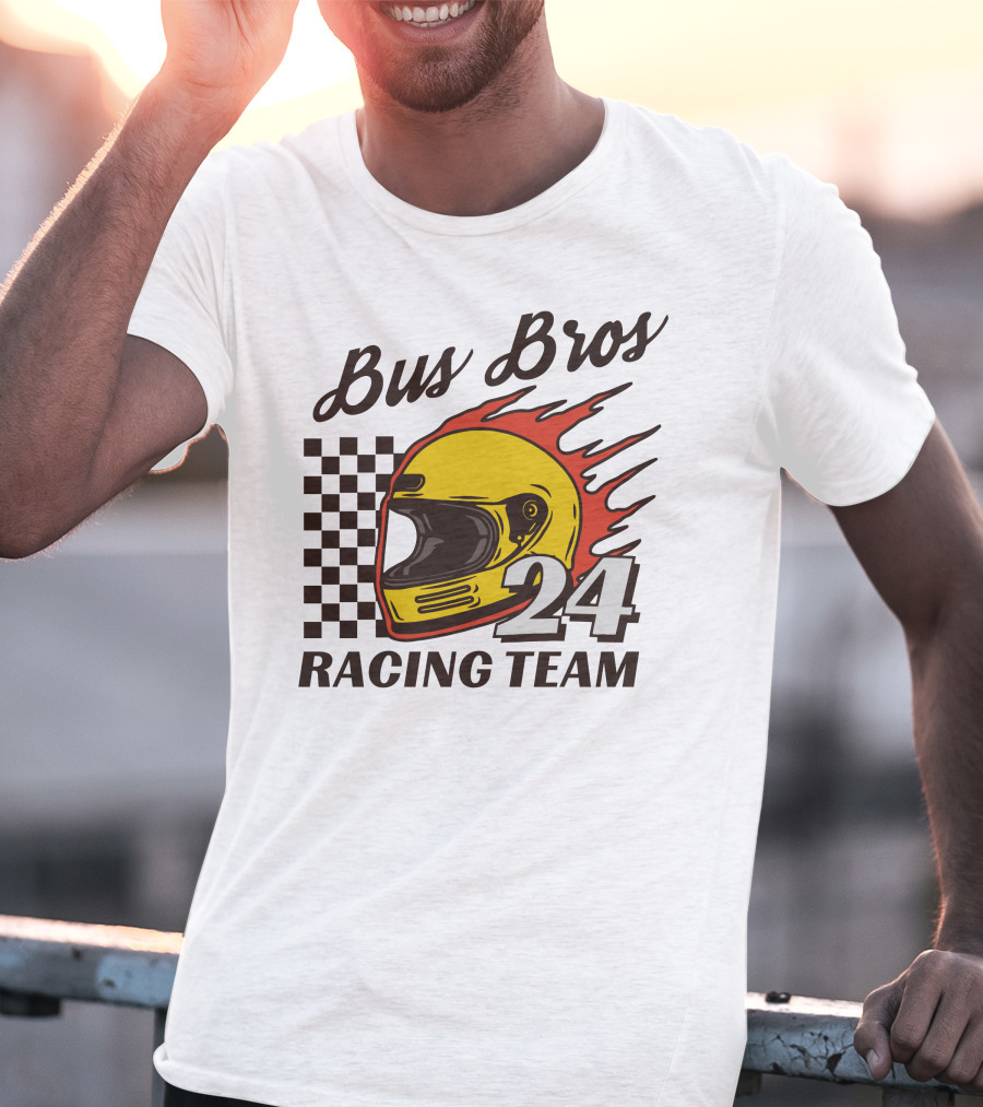 Bus Bros 24 Racing Team Helmet Flames Checkered Flag T-Shirt