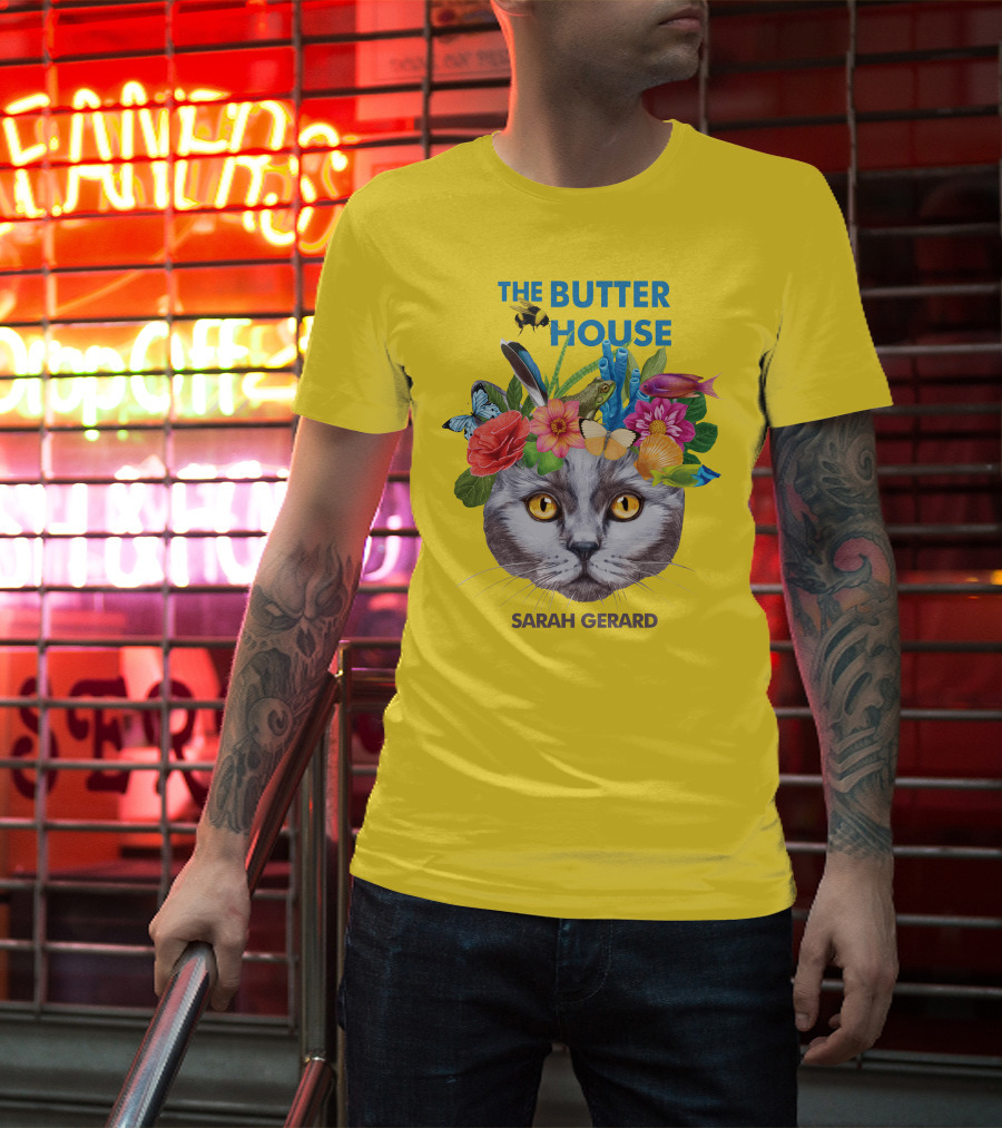 The Butter House Sarah Gerard Floral Cat With Butterflies And Fish On Yellow T-Shirt