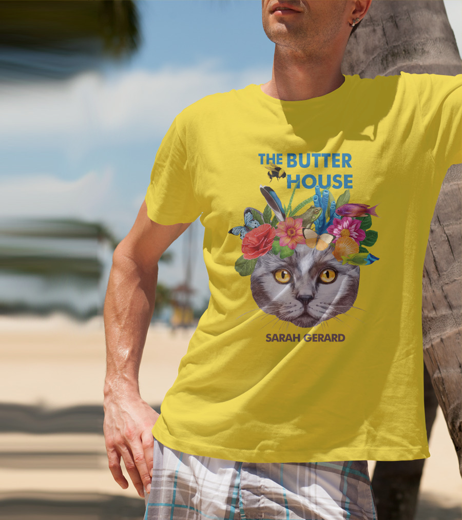 The Butter House Sarah Gerard Floral Cat With Butterflies And Fish On Yellow T-Shirt