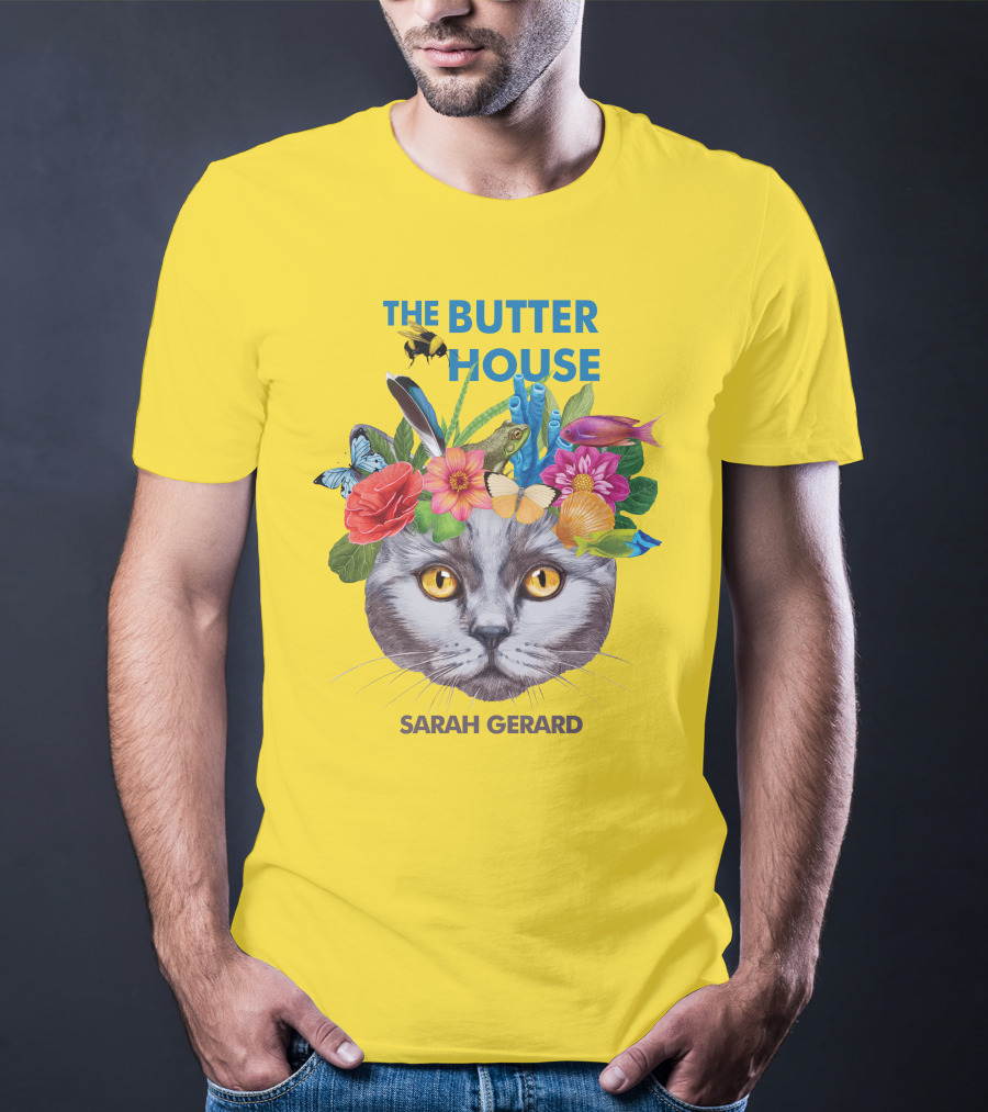 The Butter House Sarah Gerard Floral Cat With Butterflies And Fish On Yellow T-Shirt