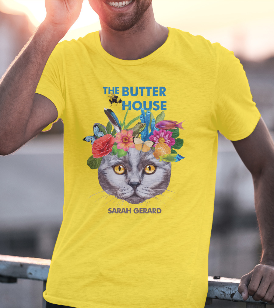 The Butter House Sarah Gerard Floral Cat With Butterflies And Fish On Yellow T-Shirt