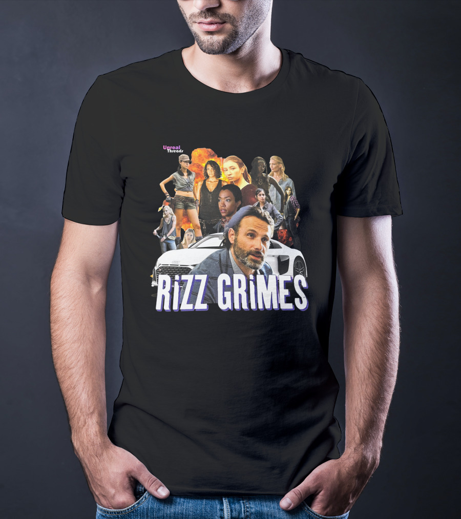 Unreal Threads Rizz Grimes Walking Dead Character Collage With Car And Flames T-Shirt