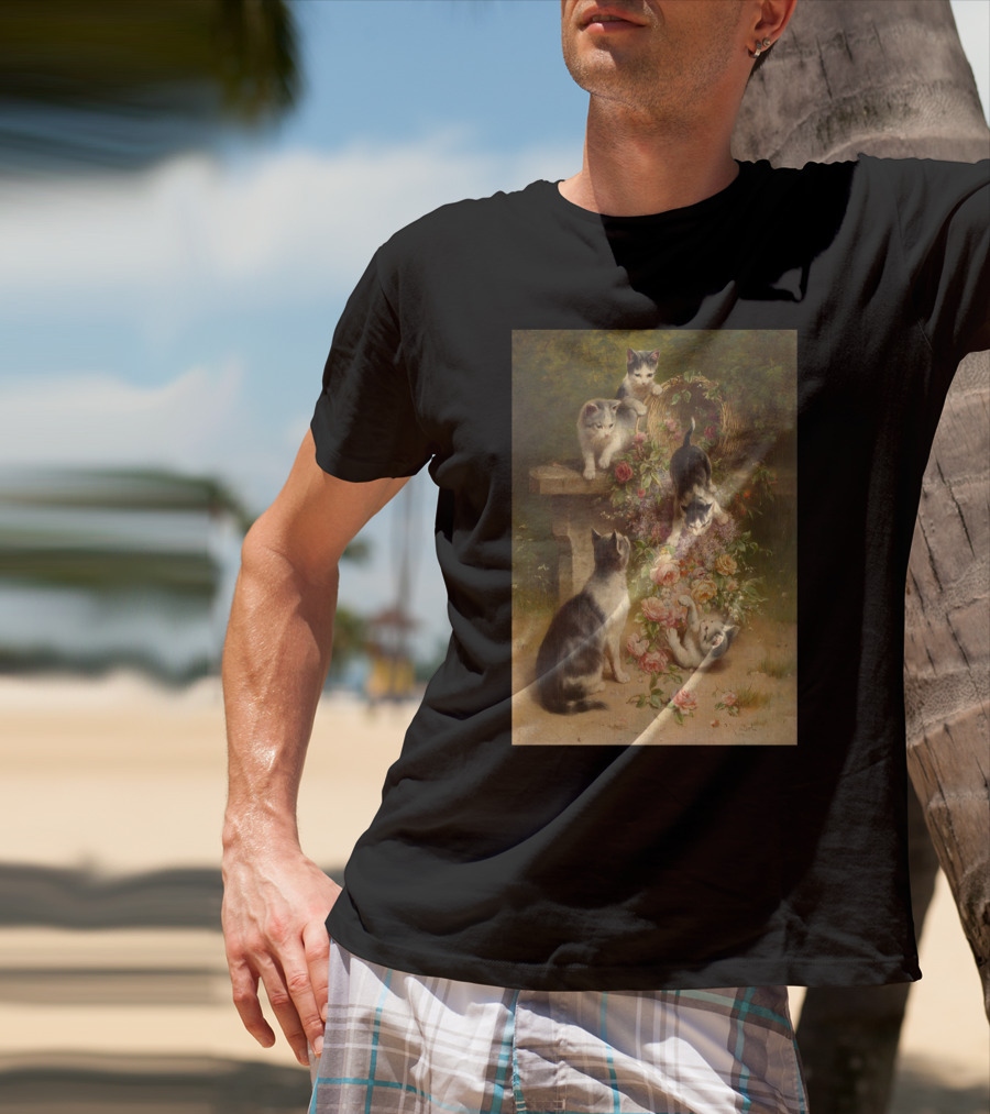 Cats And Flowers Playing On A Bench By Carl Reichert T-Shirt