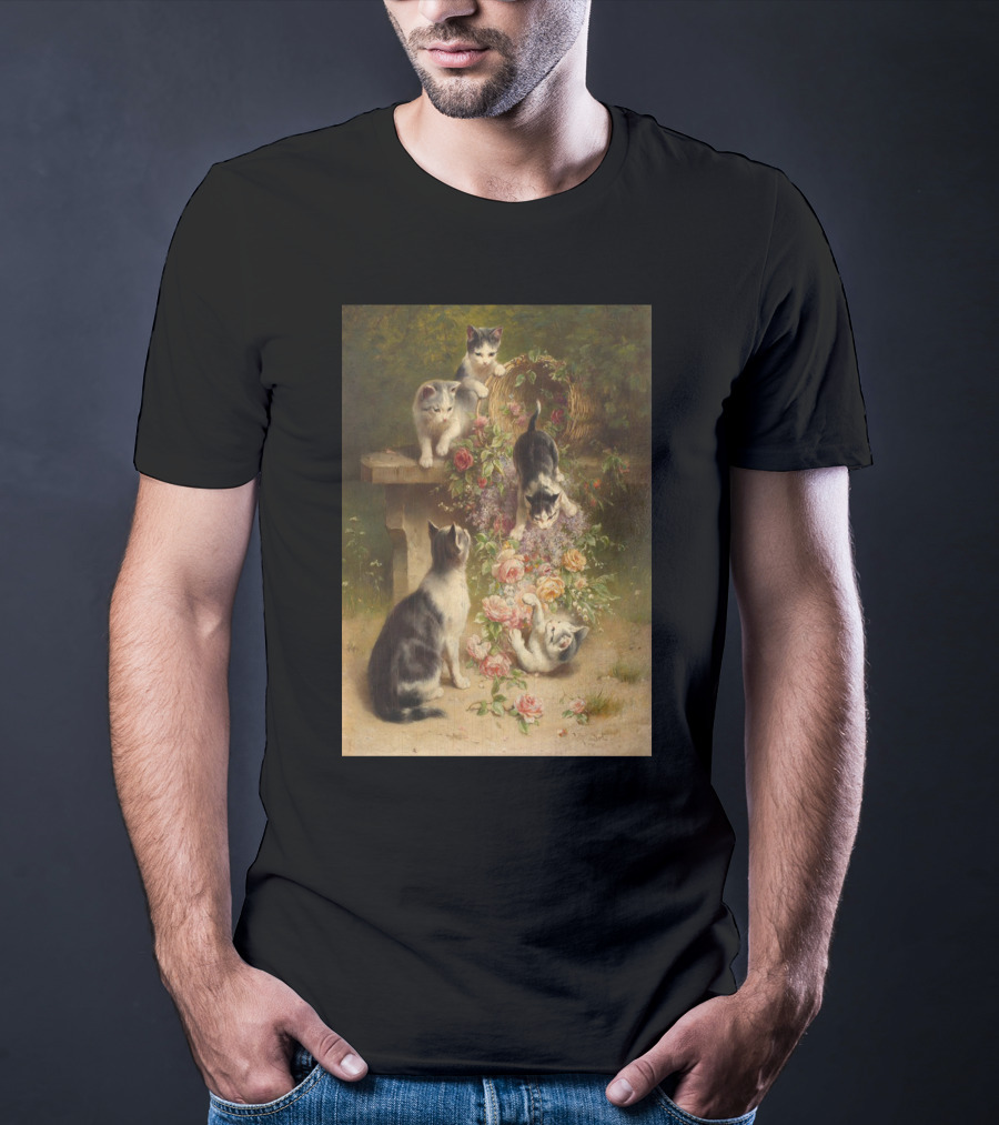 Cats And Flowers Playing On A Bench By Carl Reichert T-Shirt