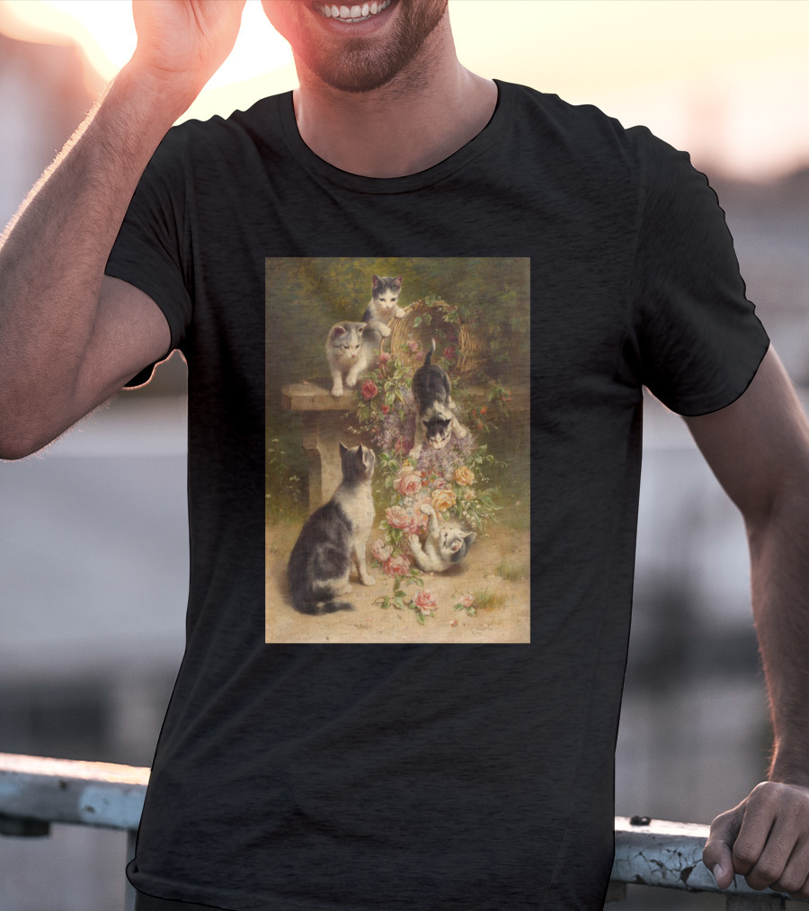 Cats And Flowers Playing On A Bench By Carl Reichert T-Shirt