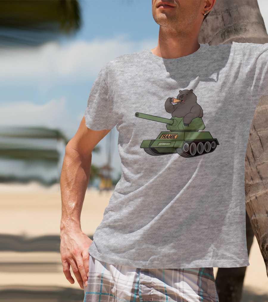 Bear Eating Pizza On A Tank With Hank Text T-Shirt