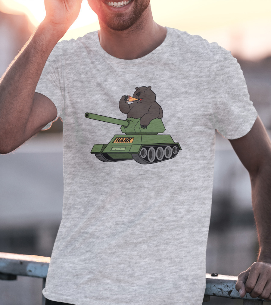 Bear Eating Pizza On A Tank With Hank Text T-Shirt