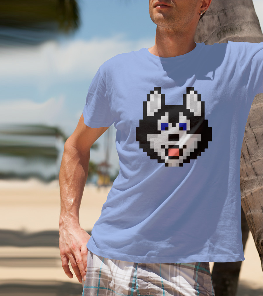 Huskytoken Cat Pixelated Husky Face On Light Blue T-Shirt