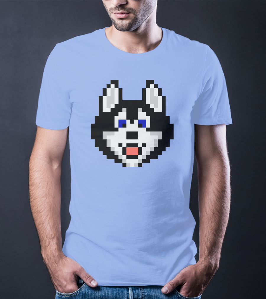 Huskytoken Cat Pixelated Husky Face On Light Blue T-Shirt