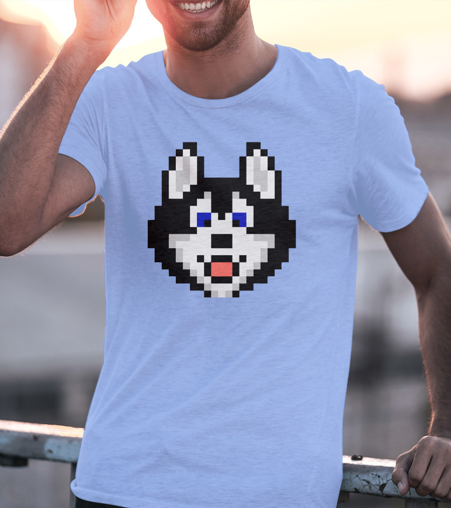 Huskytoken Cat Pixelated Husky Face On Light Blue T-Shirt