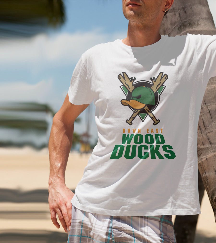 Down East Wood Ducks Baseball Logo With Crossed Bats And Duck Cap T-Shirt