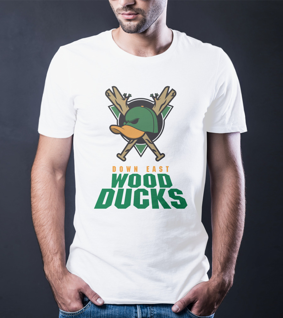 Down East Wood Ducks Baseball Logo With Crossed Bats And Duck Cap T-Shirt